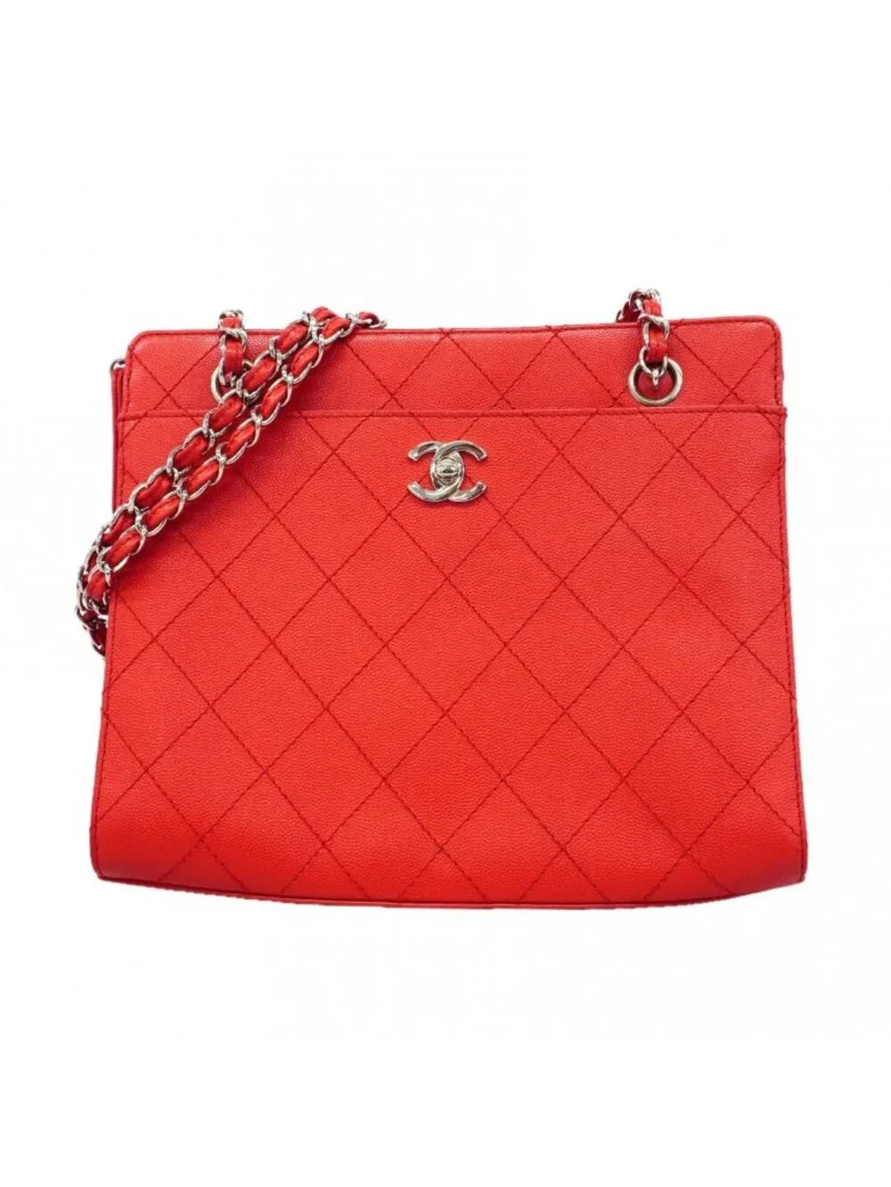 Chanel Chain Tote Quilted Caviar Leather Red Silver